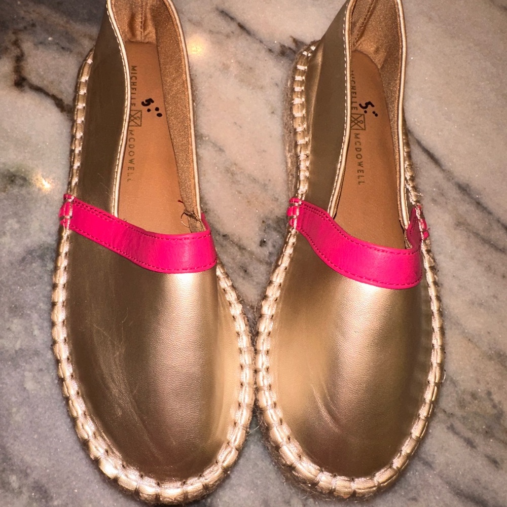 Gold and Pink Espadrille Flats — Women's Slip-On Espadrilles - Picture 2 of 9